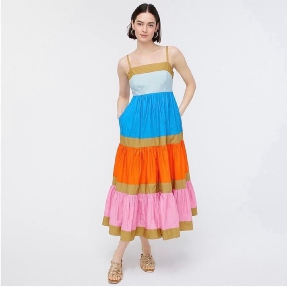 J. Crew Strappy Colorblock Tiered Midi Dress in Blue, Orange, Pink, Gold